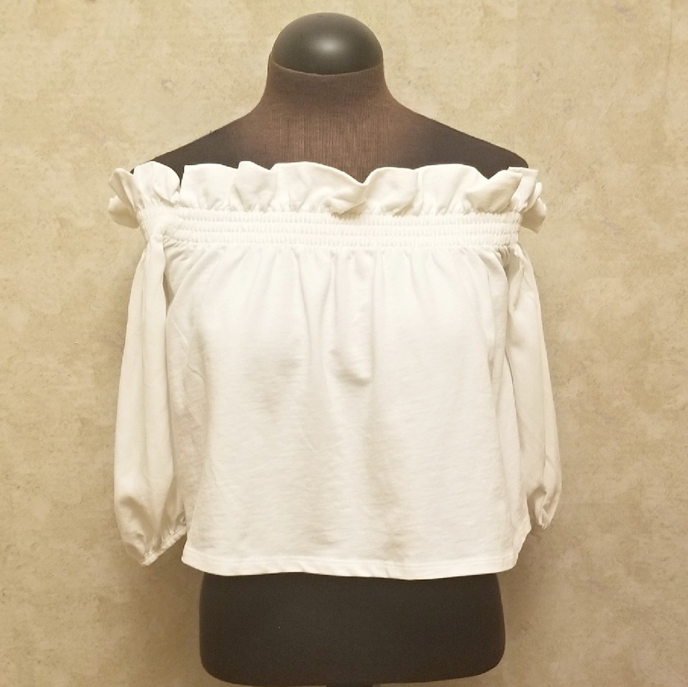 Zara White Off Shoulder Crop Peasant Top Small